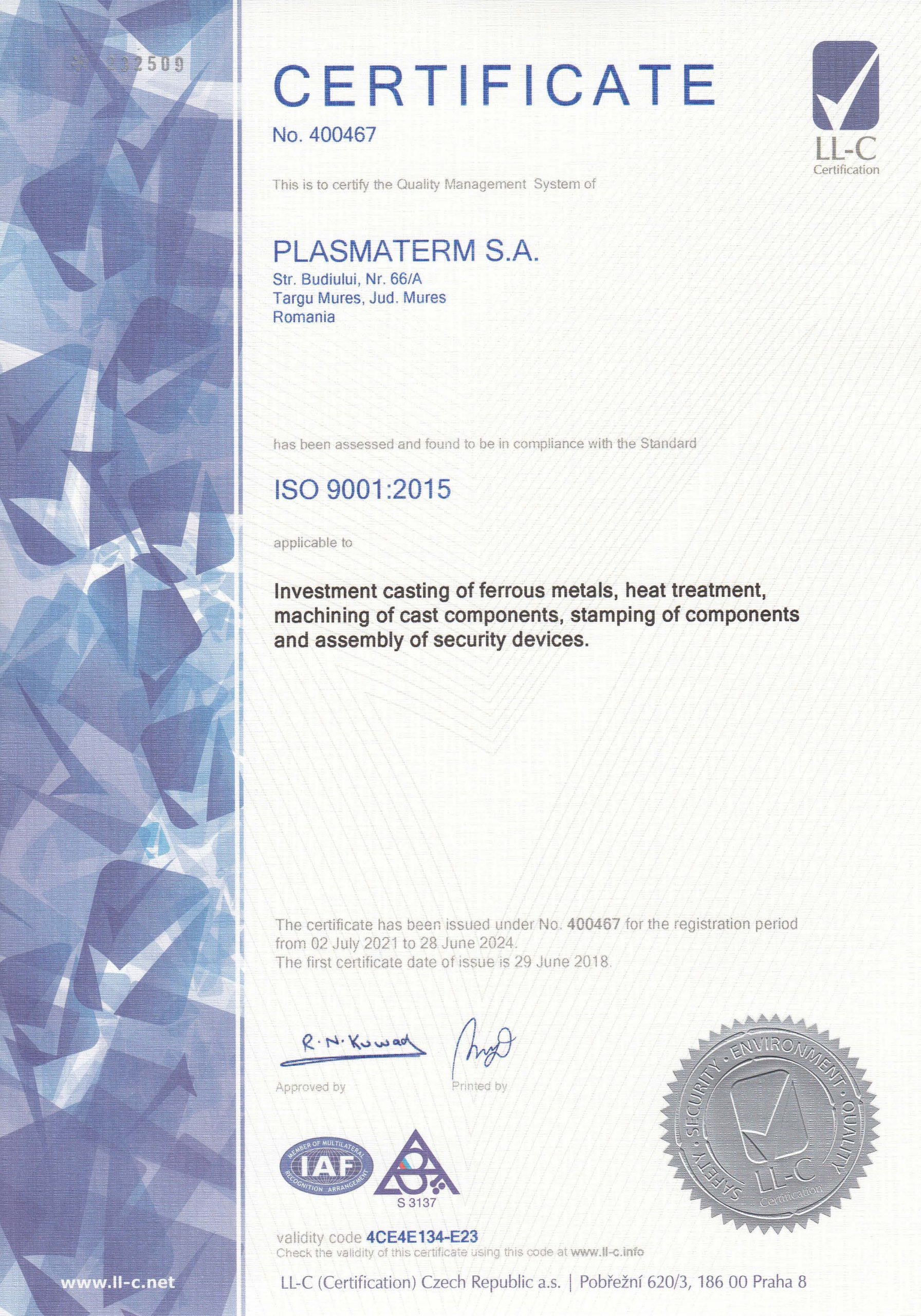 Quality assurance certifications